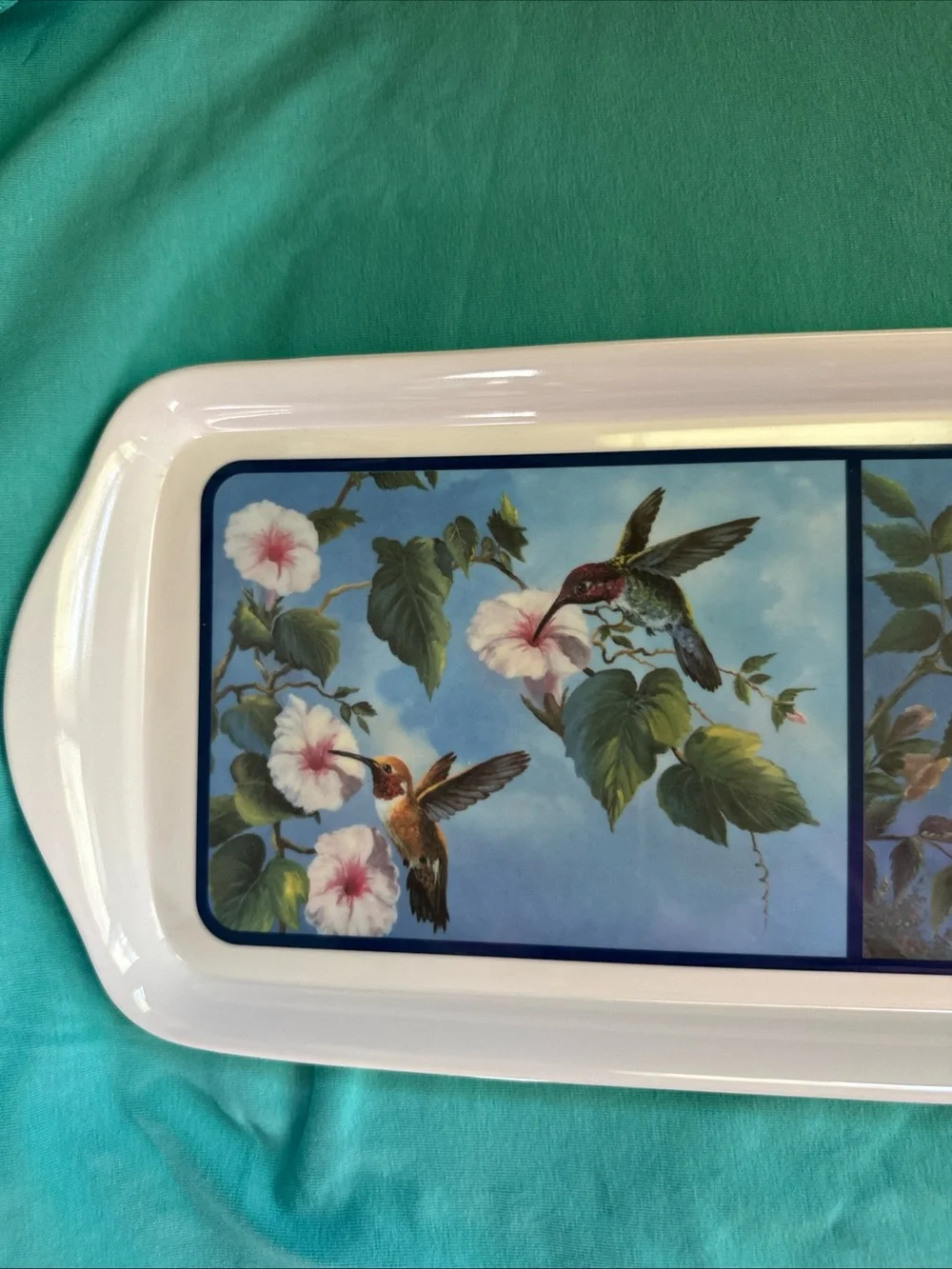 Hummingbird melamine Serving Tray in Teal and White 14.5”x6”